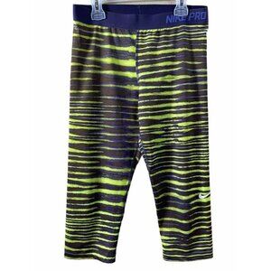 Nike Pro Tiger Stripe Leggings Capri Pants Volt Size L Athletic Running Thighs